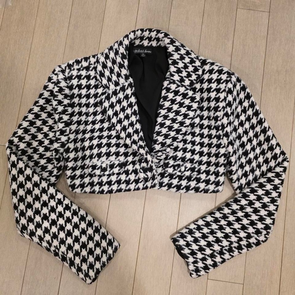 For Love & Lemons Black White Houndstooth Cropped Blazer Jacket XS